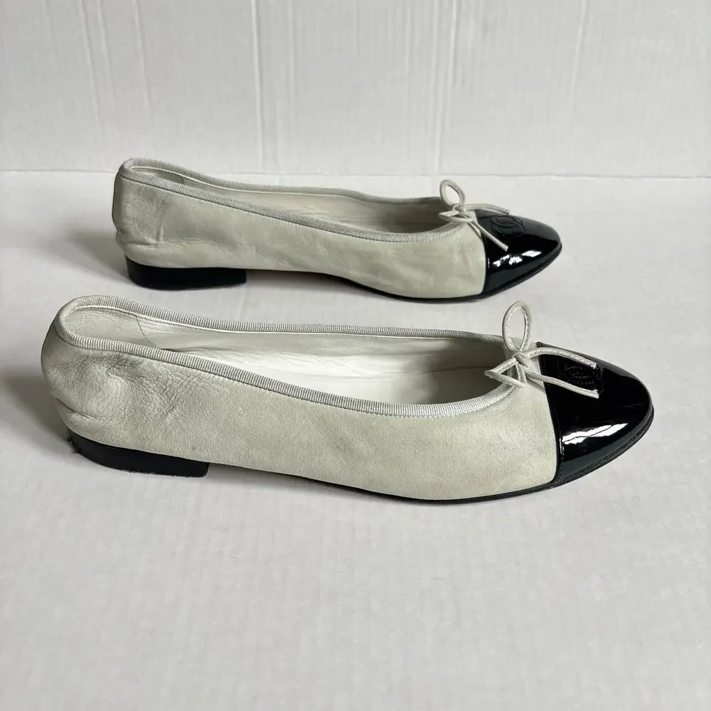 Chanel Cap Toe CC Logo Ballet Flats Gray Black Patent Leather Shoes Size EU 41 - Picture 8 of 16